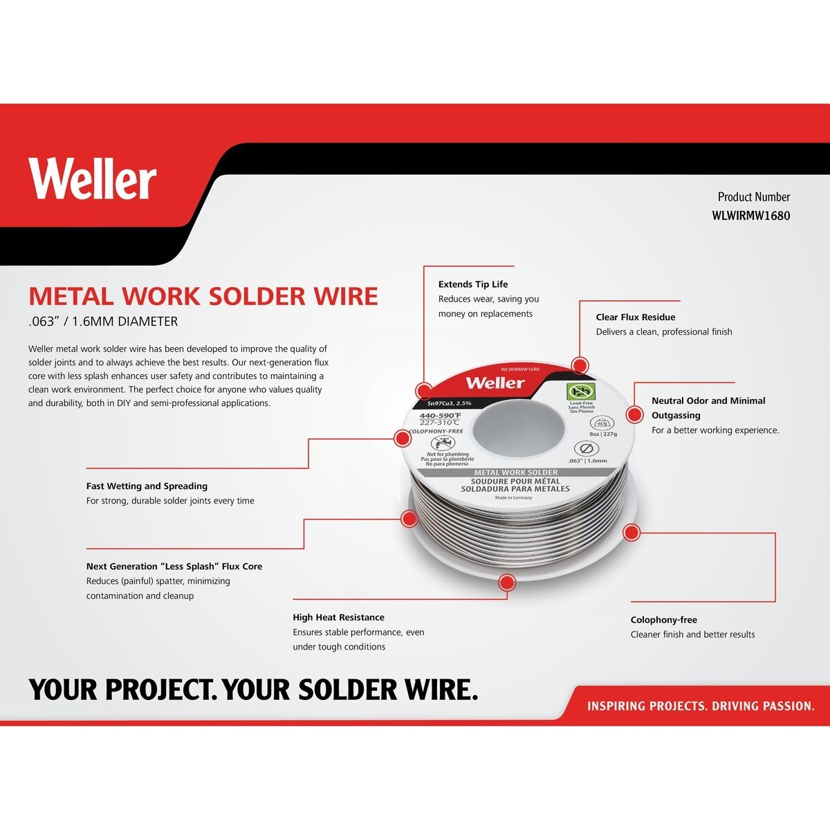 Weller WLWIRMW1680 1.6 mm 8 oz Metal Work Solder Wire with 2.5 Percent Flux Core for Durable Joints - 2