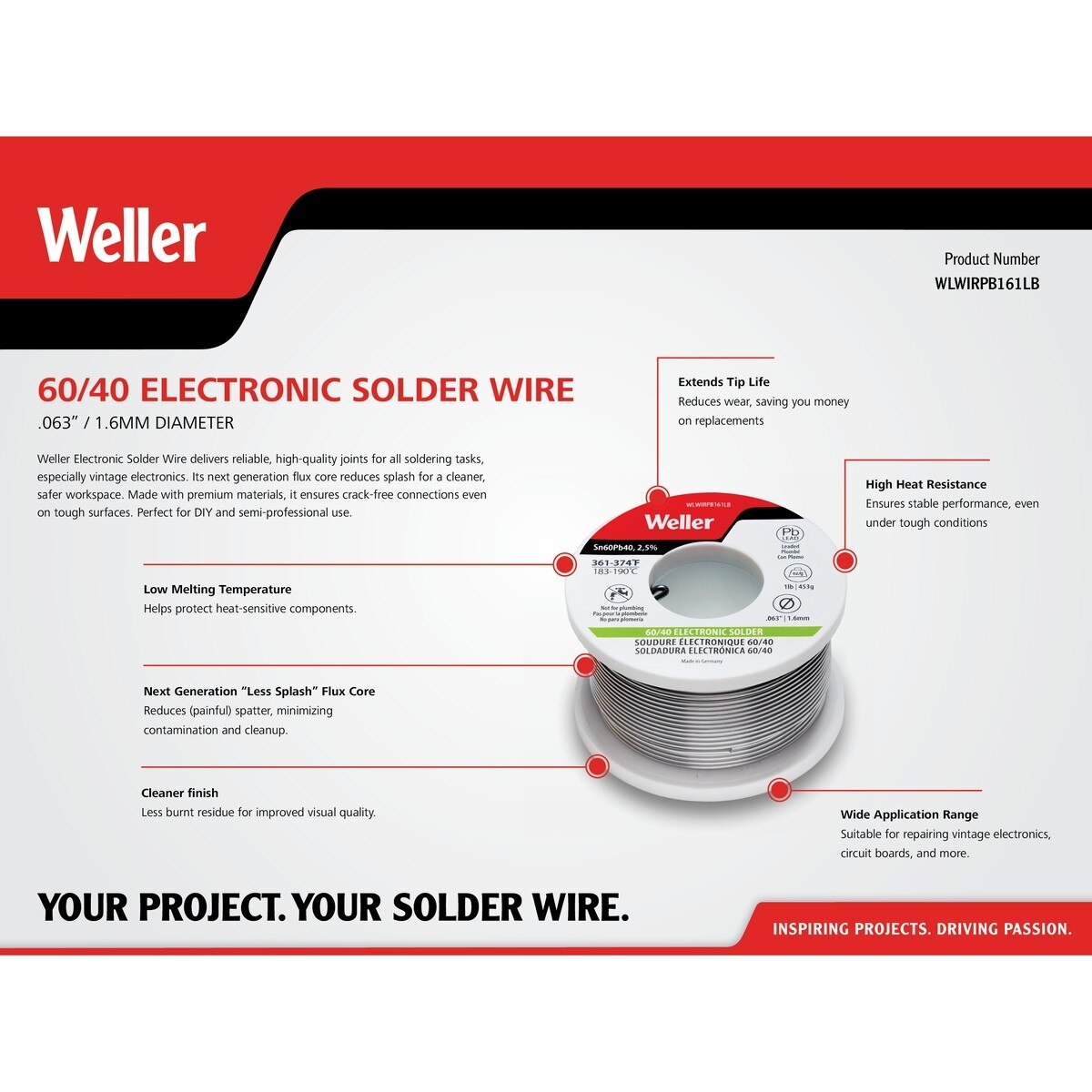 Weller WLWIRPB161LB 60 40 Leaded Electronic Solder Wire 1.6 mm 1 lb Reel - 3
