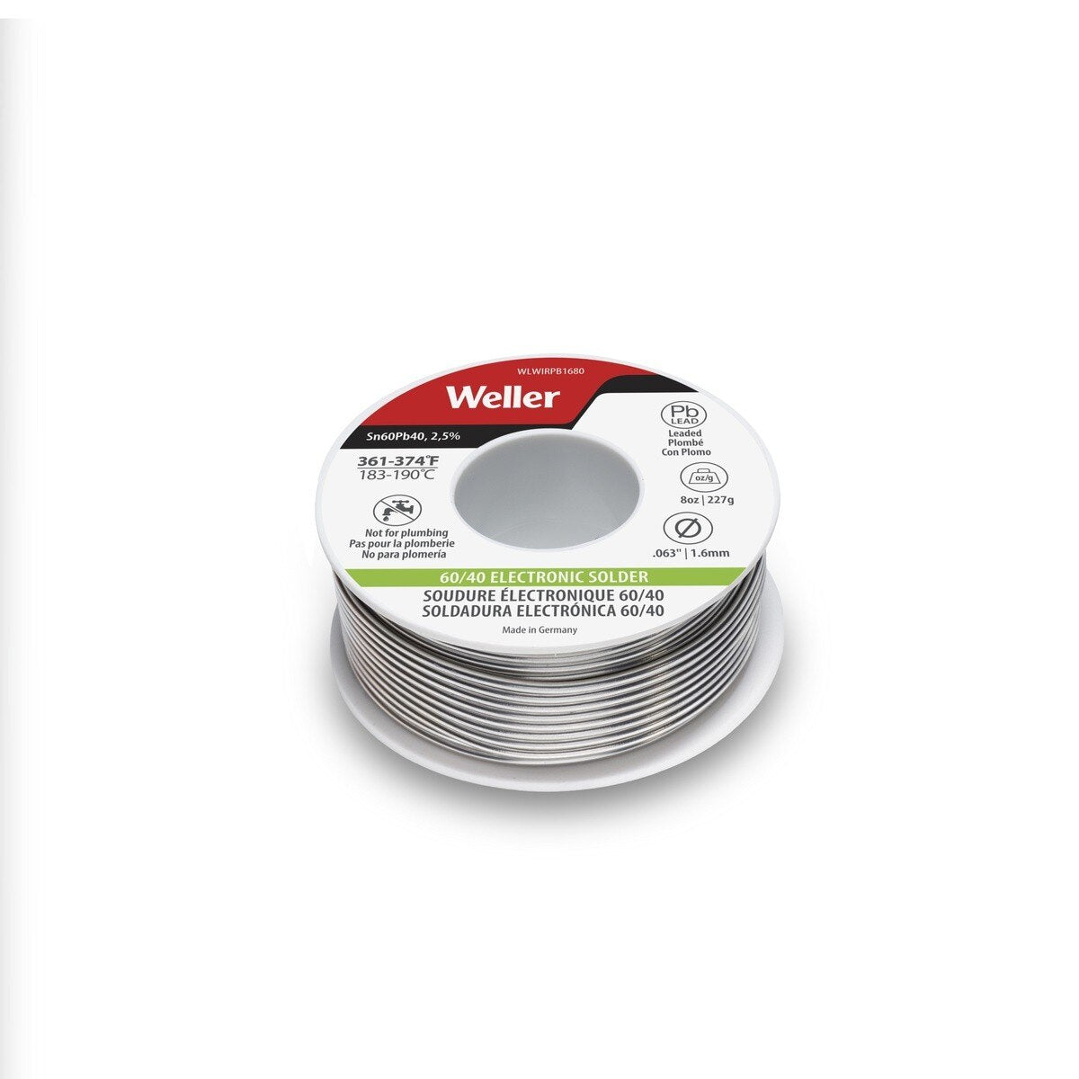 Weller WLWIRPB1680 60 40 Leaded Electronic Solder Wire 1.6 mm 227 g 2.5 Percent Flux Core