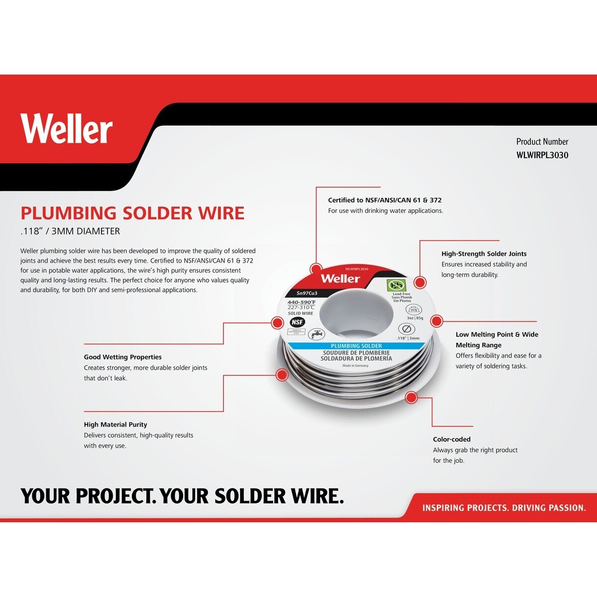 Weller WLWIRPL3030 3 mm 3 oz Lead Free Plumbing Solder Wire for Potable Water - 2