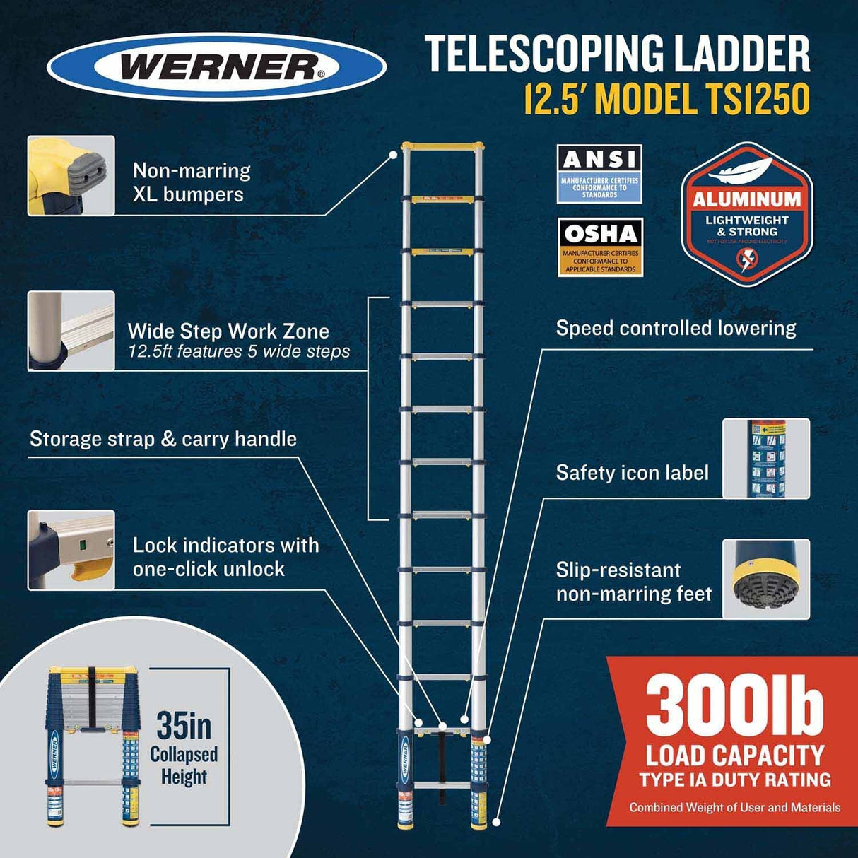 Werner TS1250 Telescoping Ladder 12.5ft Type IA Duty Rating - 2