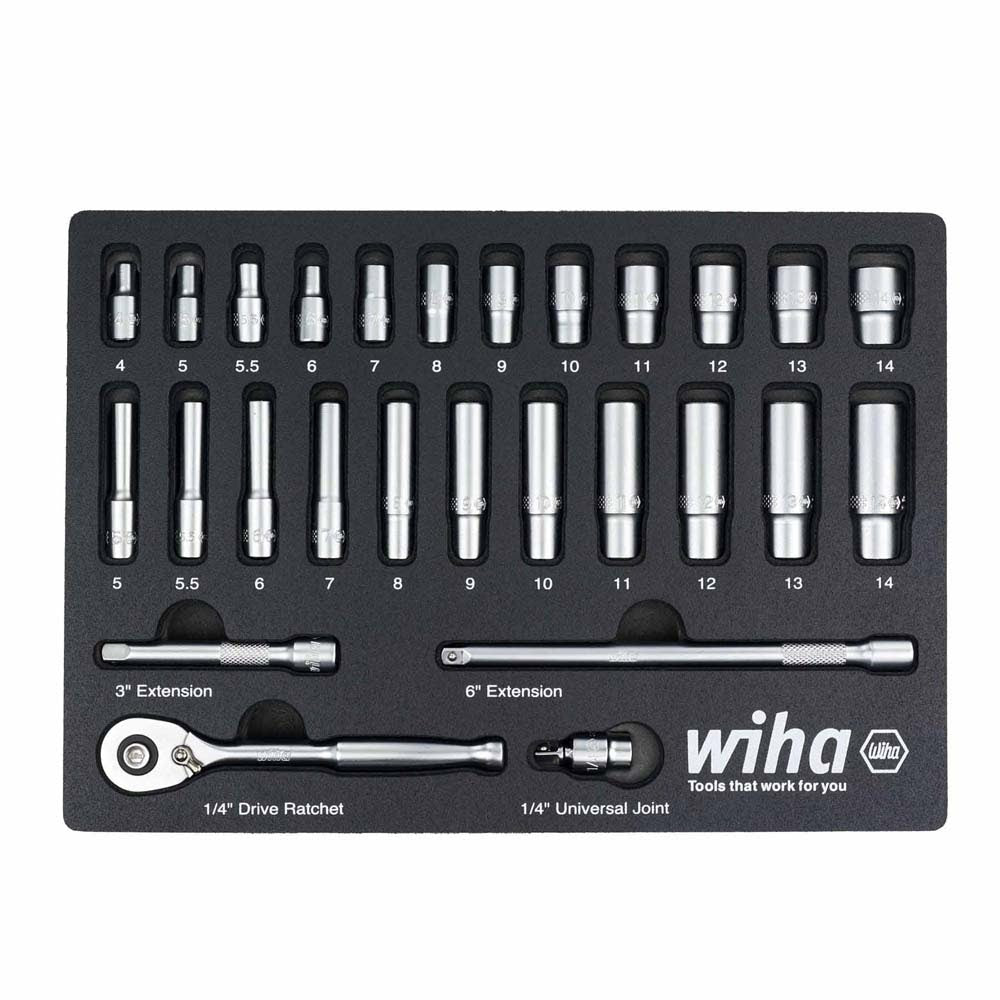 Wiha 33395 27 Piece 1/4" Drive Professional Standard and Deep Socket Tray Set