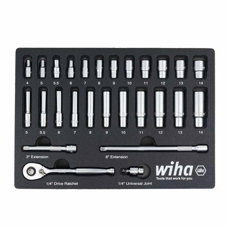 Wiha 33395 27 Piece 1/4" Drive Professional Standard and Deep Socket Tray Set