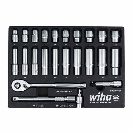 Wiha 33795 24 Piece 3/8" Drive Professional Standard and Deep Socket Tray Set