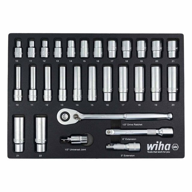 Wiha 33895 29 Piece 1/2" Drive Professional Standard and Deep Socket Tray Set