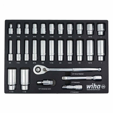 Wiha 33896 28 Piece 1/2" Drive Professional Standard and Deep Socket Tray Set