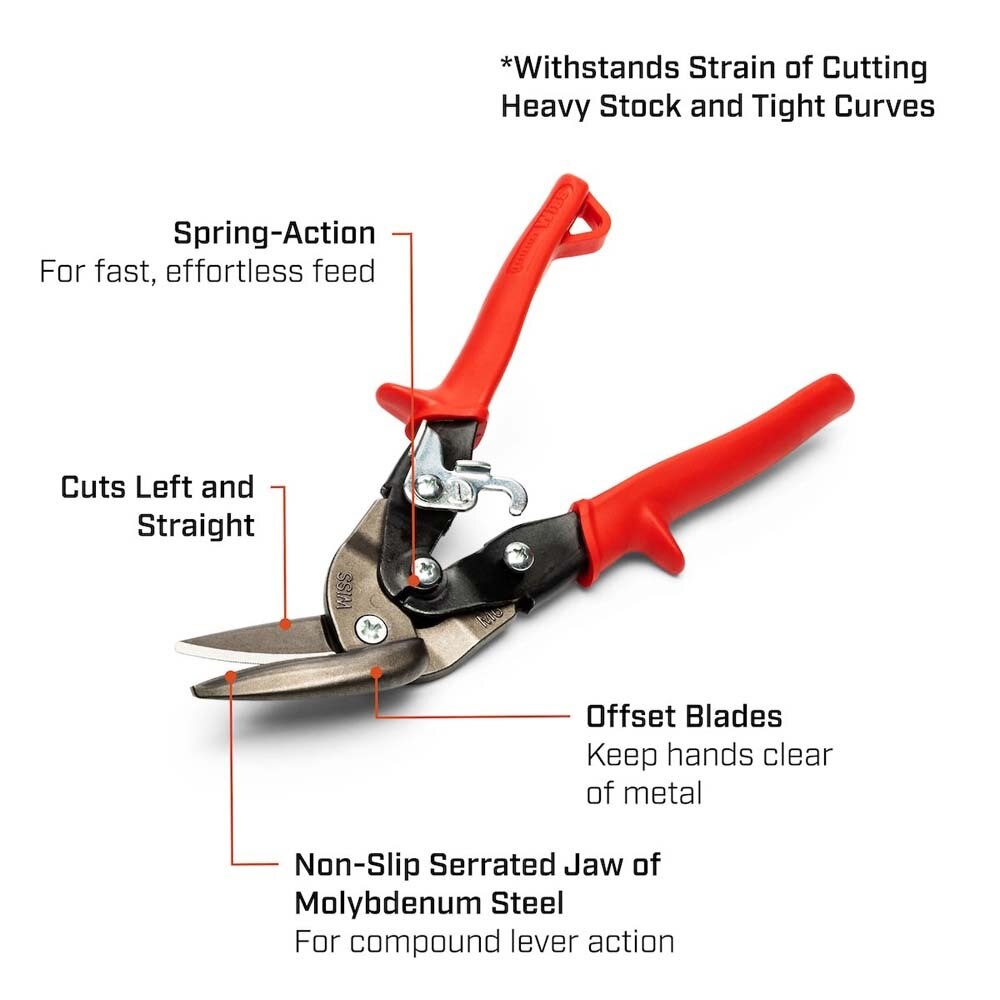 Crescent Wiss M6R 9-1/4" Metalmaster Offset Snips, Cuts Straight to Left, Red Grips - 5