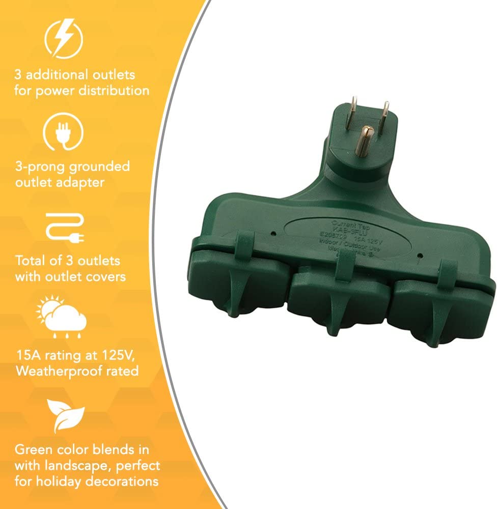 Woods 13270 Outdoor Rated 3 Outlet Covered Adapter, Green - 3