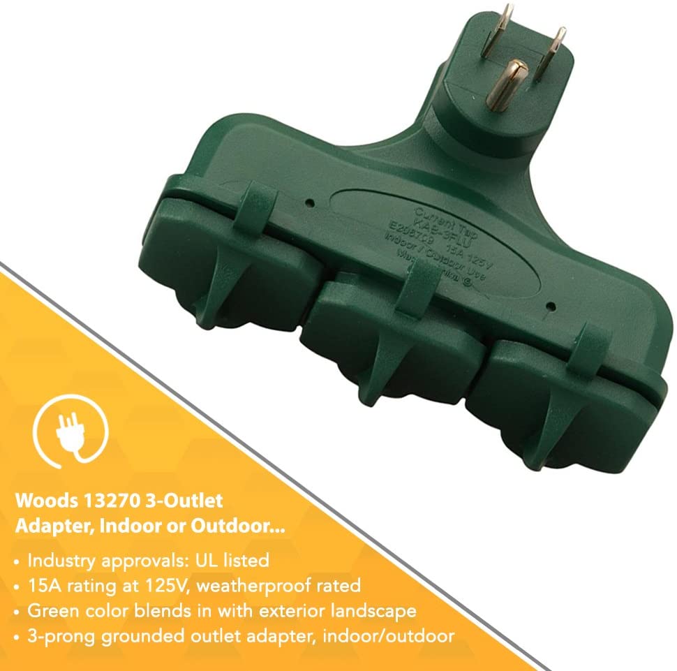 Woods 13270 Outdoor Rated 3 Outlet Covered Adapter, Green - 4