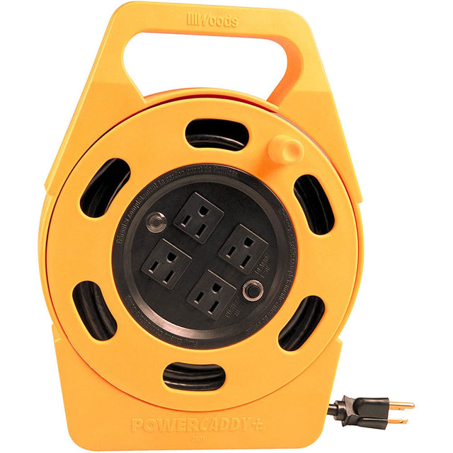 Woods 2801 Extension Reel with Four 3-Prong Power Outlets, Heavy Duty Retractable Cord, User Fr