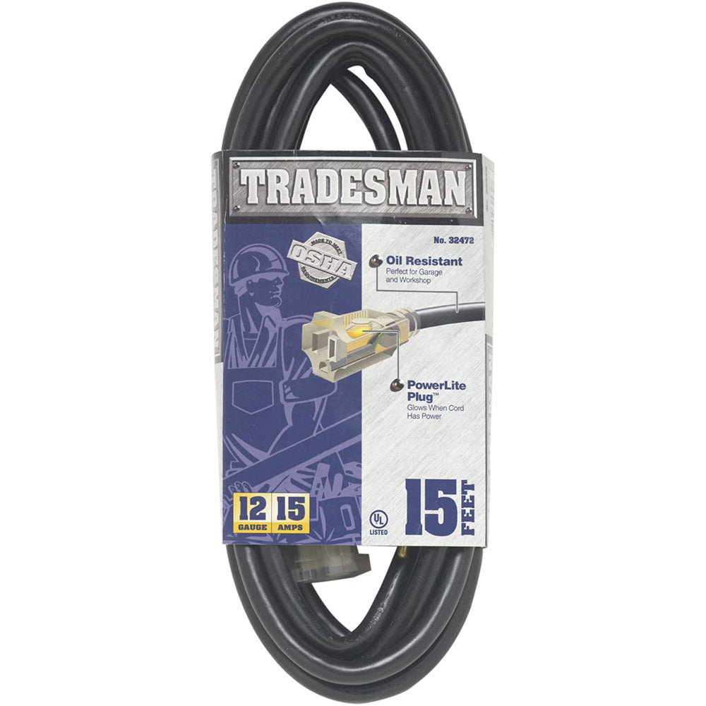 Woods 32472 12/3 15-Foot SJTOW Heavy Duty Lighted Extension Cord for Indoor/Outdoor Use, Black