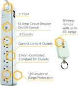 Woods 41715 Energy Saving Surge Protector Power Strip with 80 Foot Range Remote Control Outlets - 3