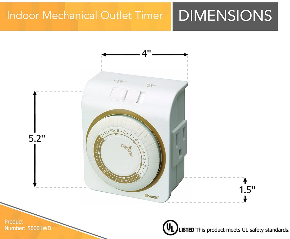 Woods 50001 50001WD Indoor 24-Hour Heavy Duty Plug-In Mechanical Timer, 1 Grounded Outlet - 5