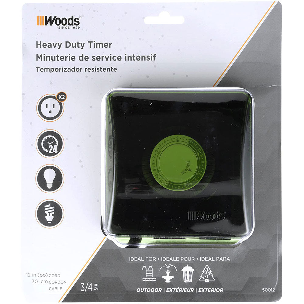 Woods 50012WD Outdoor 24-Hour Heavy Duty Mechanical Plug-In Timer, 2 Grounded Outlets - 2