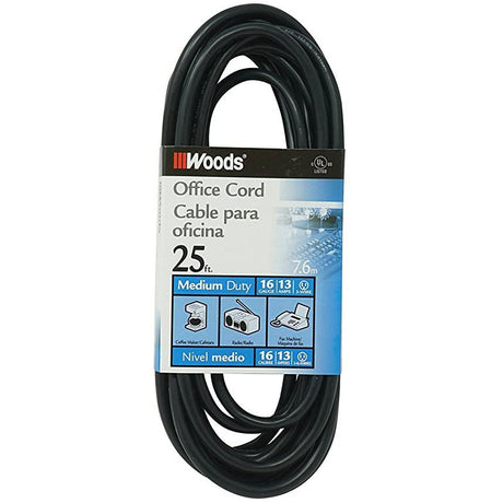 Woods 5601 16/3 25-Foot SJTW Indoor Extension Cord, Perfect for Home or Office, Black