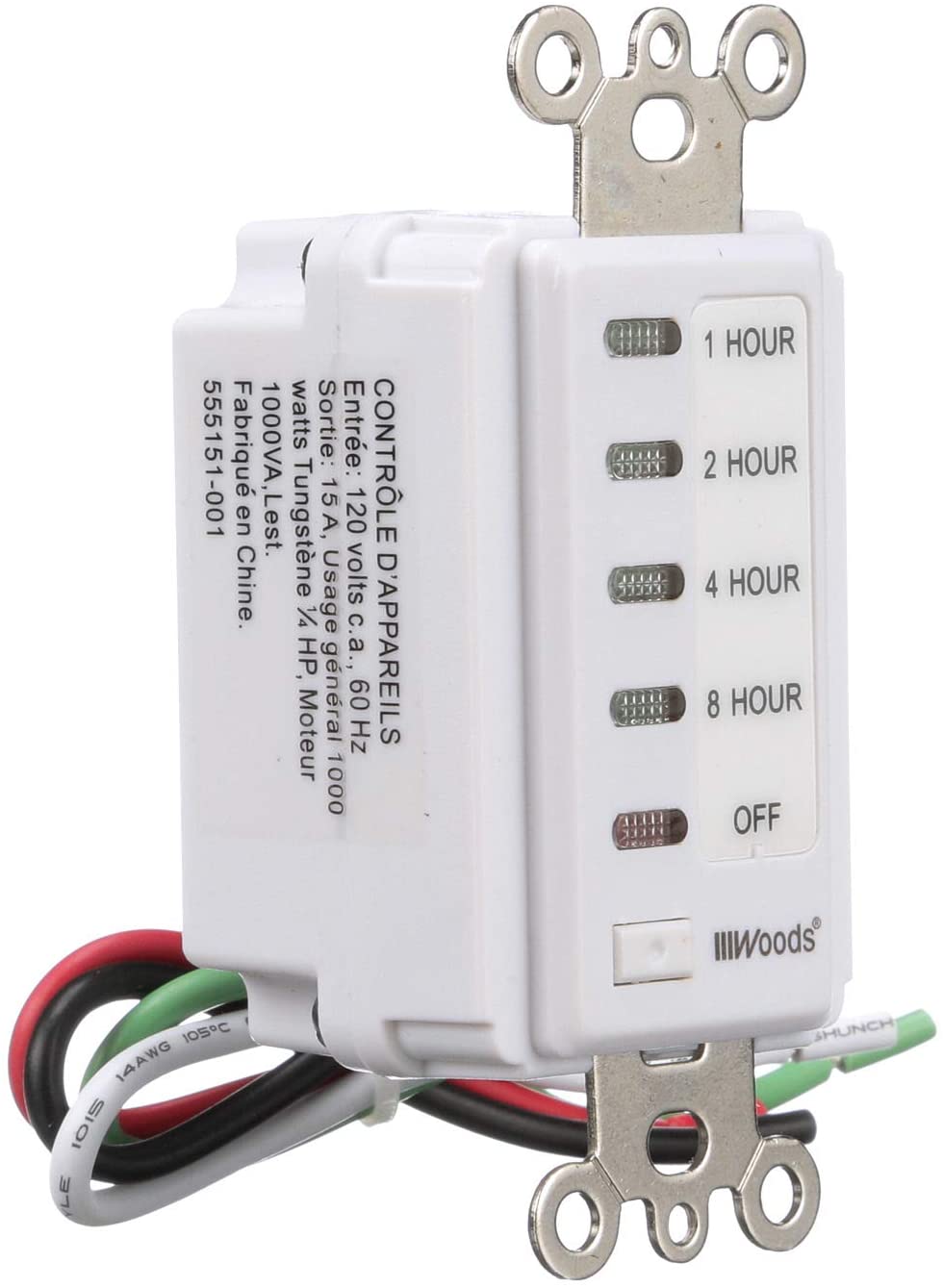 Woods 59013 In-Wall Timer, 120 V, 15 A, 2, 4, 8, 12 Hr Off Off, 8-Hour - 5