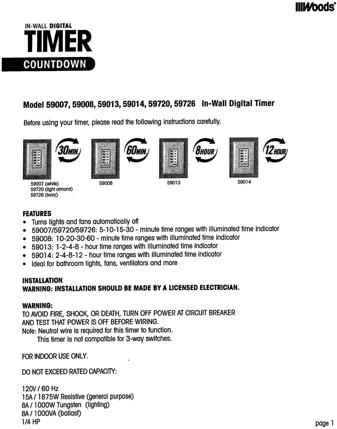 Woods 59014 59014WD In-Wall 12-Hour Digital Countdown Timer,White - 7