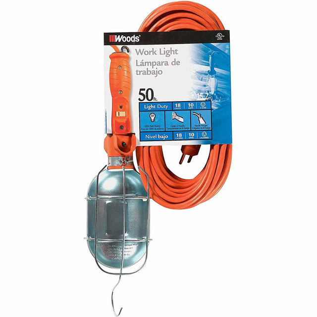 Woods 0682 Medium Duty Trouble Light, 18/3, 50' SJTW, Metal Guard, w/ Outlet