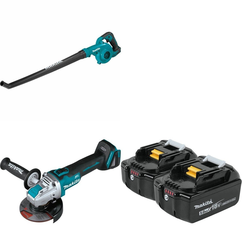 Makita XAG25Z 4-1/2" / 5" W/ XBU06Z Floor Blower and BL1850B-2 5.0Ah Battery, 2 Pack