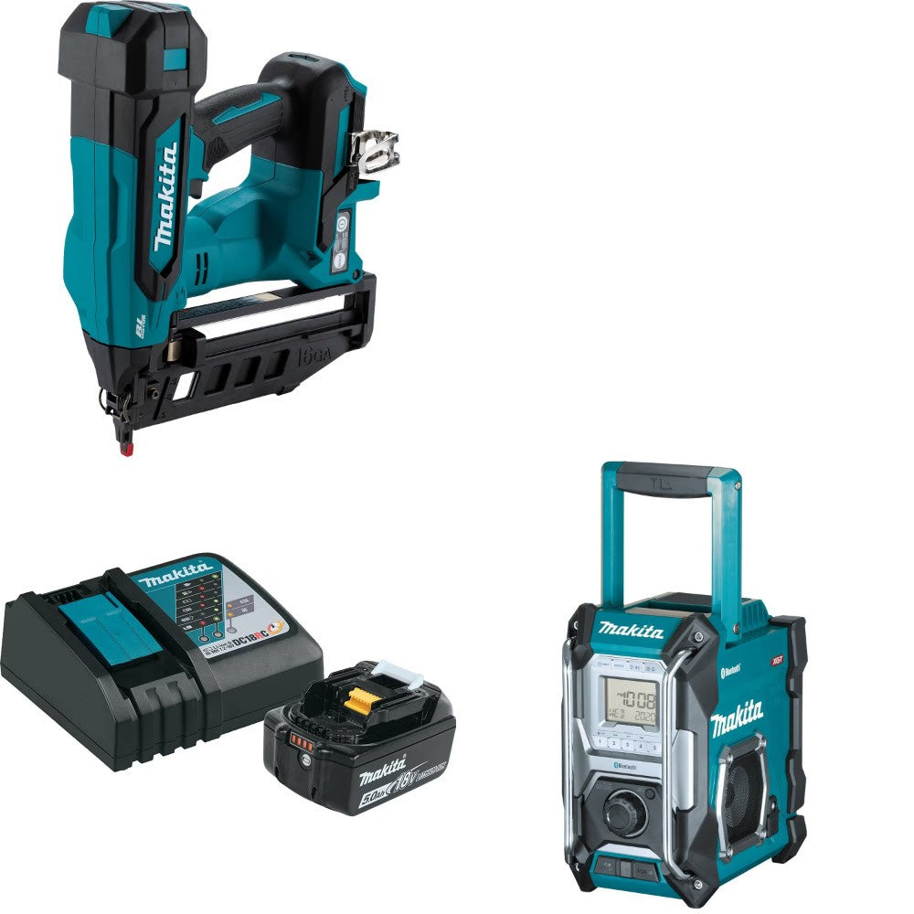 Makita XNB05Z 16 Ga Finish Nailer Kit W/ BL1850BDC1 5.0Ah Starter Pack and FREE GRM02 Job Site Radio