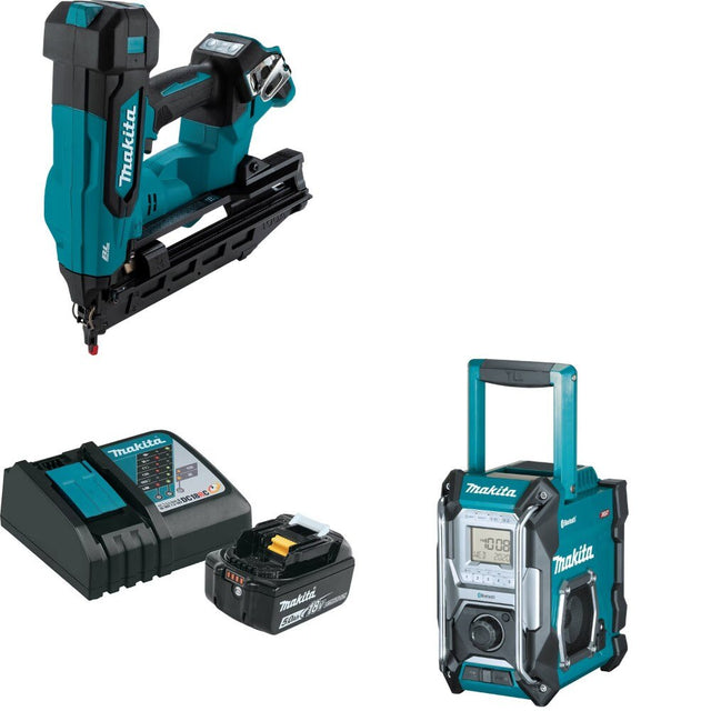Makita XNB06Z Angled Finish Nailer Kit W/ BL1850BDC1 Battery Kit and FREE GRM02 Radio