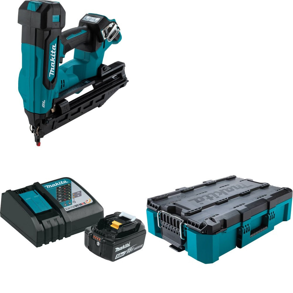 Makita XNB06Z 18V Angled Finish Nailer Kit W/ BL1850BDC1 5.0Ah Pack and FREE T-90037 Tool Box