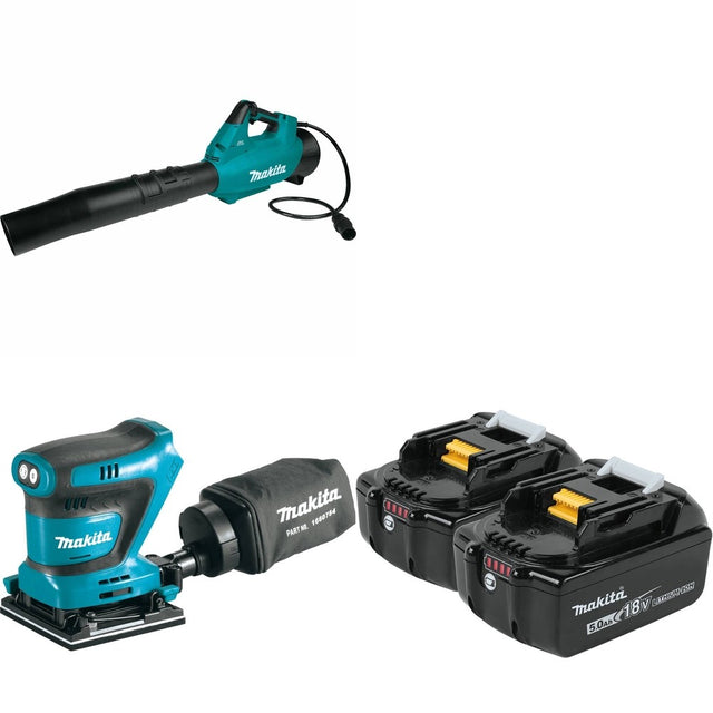 Makita XOB02Z 1/4 Sheet Finishing W/ CBU01Z Blower, Connector Cable and BL1850B-2 5.0Ah Battery