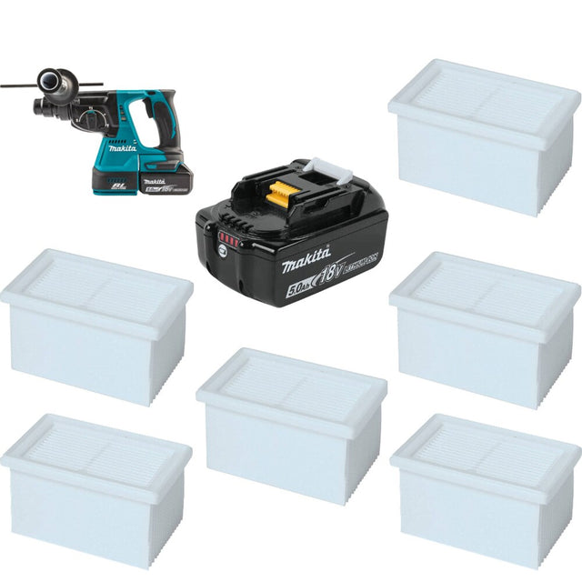 Makita XRH011TWX 1" Rotary Hammer Kit W/ FREE BL1850B Battery and FREE 197556-3 HEPA Filter, 6 Pack