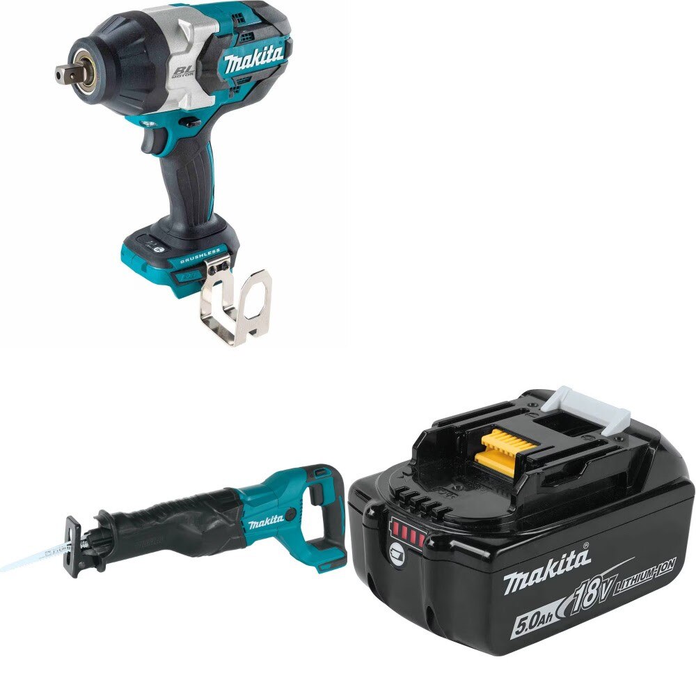 Makita XWT19Z Impact Wrench Kit W/ XRJ04Z Recip Saw and FREE BL1850B Battery