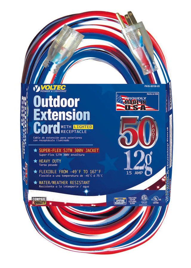 Voltec 05-00158-US 50FT 12/3 SJTW Red/White/Blue Extension Cord w/Lighted End