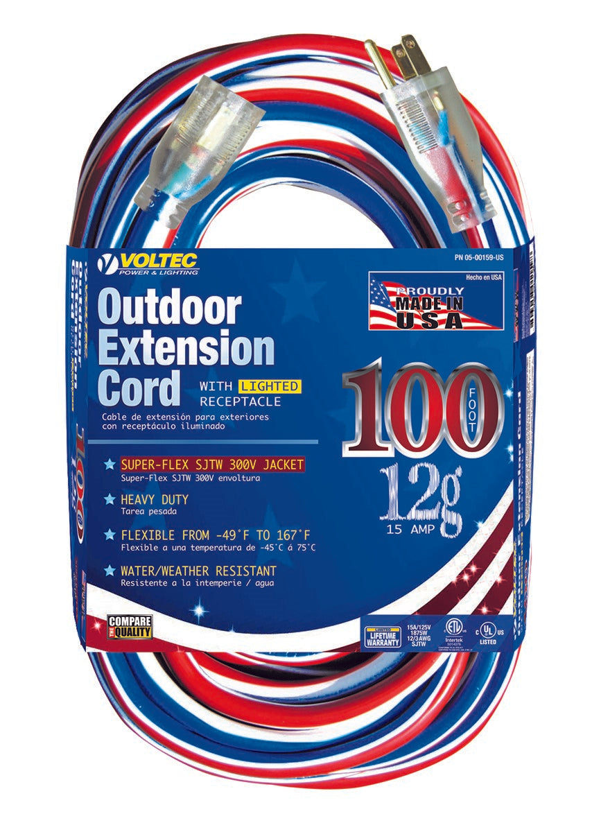 Voltec 05-00159-US 100FT 12/3 SJTW Red/White/Blue Extension Cord w/Lighted End